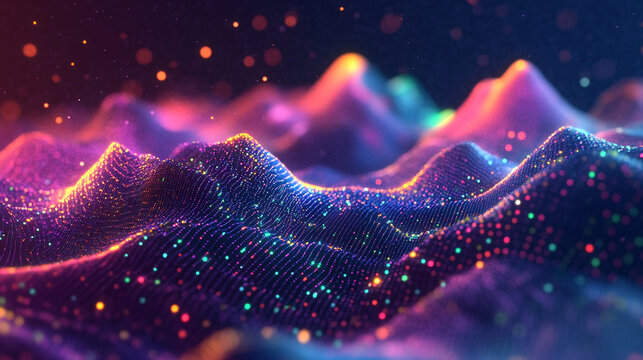 Vibrant data landscape with peaks and glowing nodes vibrant