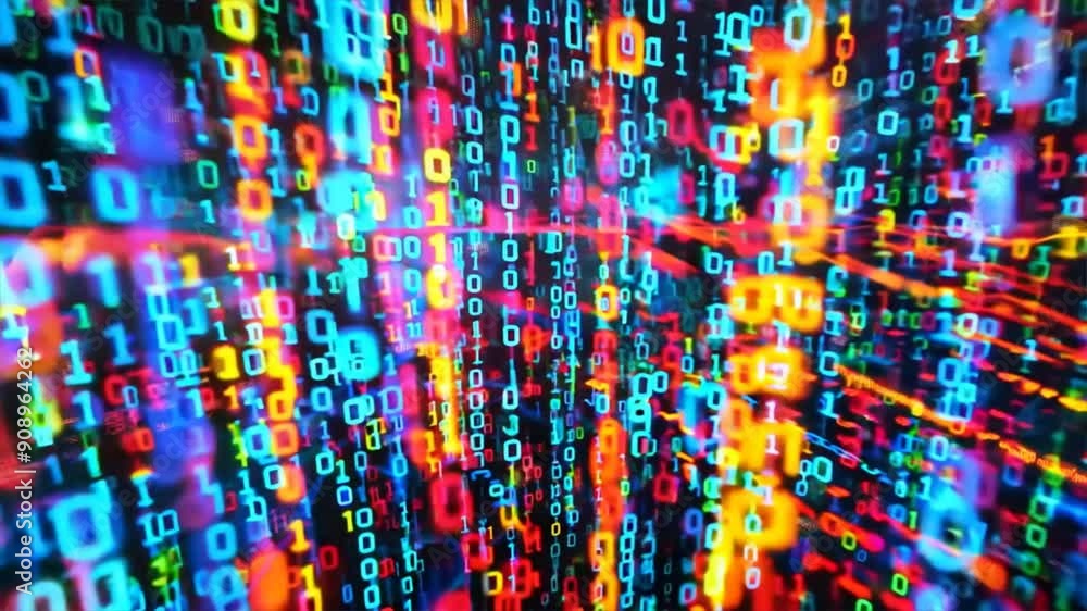 Poster high-resolution image of a digital matrix with bright colors and data symbols