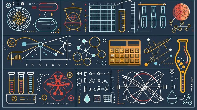 A detailed depiction of various scientific symbols and tools arranged artistically on a dark background, showcasing elements from diverse scientific fields and emphasizing analytical thought.