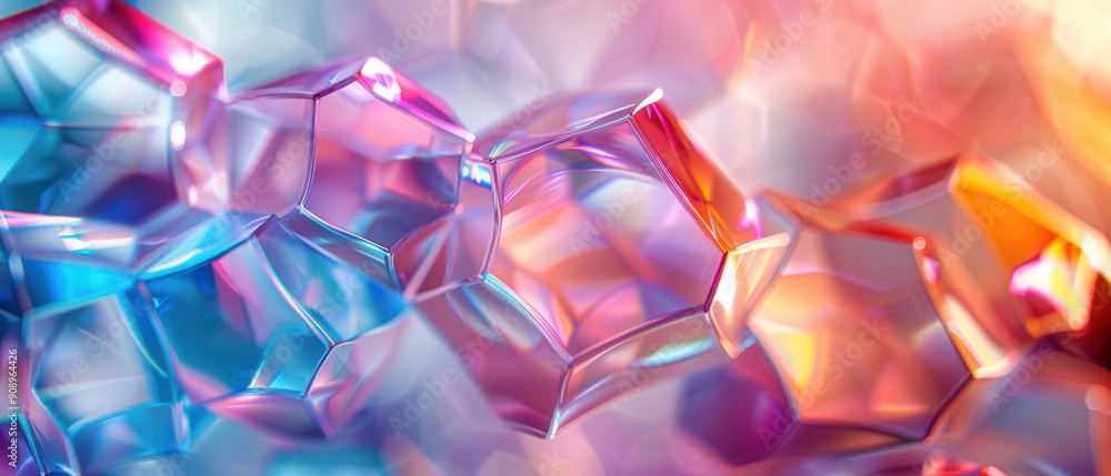 Poster abstract background, an iridescent background made of translucent, overlapping hexagons and diamonds
