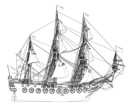 recommend clip art: Outline of an ancient sailing frigate made of black lines isolated on a white background. Vector illustration.