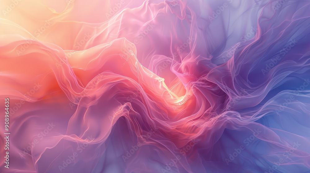Poster abstract background, translucent pastel swirling shape dominates the center, surrounded by a soft gr