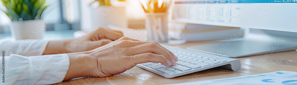 Poster business success concept, two hands typing efficiently on a backlit keyboard, set against a backdrop