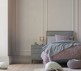 blank wall in kids bedroom interior background. modern classic style. 3d Rendering