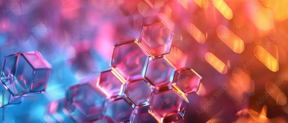 Poster abstract background, an iridescent background made of translucent, overlapping hexagons and diamonds