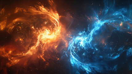 Fototapeta premium Versus background, Two swirling neon plasma beams meet at their center, releasing a chaotic yet beautiful explosion of light and color in blue and orange, contrasting sharply with