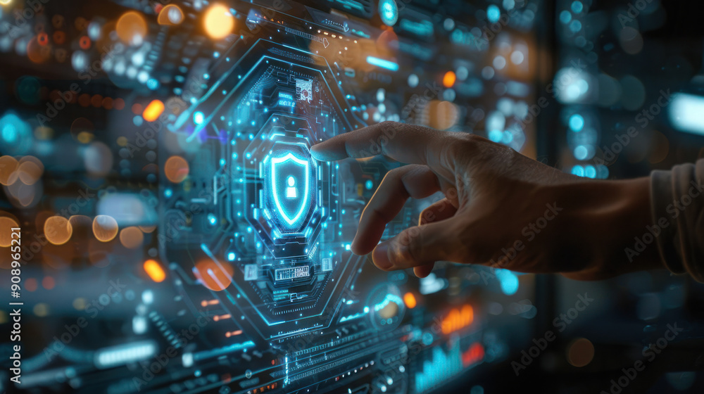 Poster cyber security, a close-up of a human hand actively interacting with a floating tech-security hologr