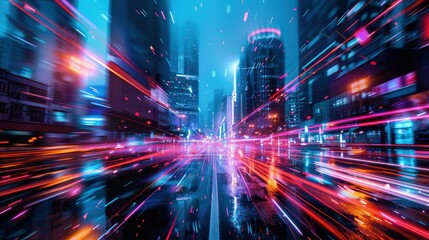 Glowing Metropolis - Dynamic Futuristic Cityscape with Neon Lights and Motion Blur