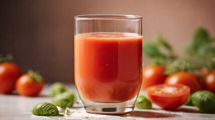Fresh squeezed tomato juice in glass on the table, healthy drink option rich in vitamins and nutrients such as potassium, necessary for heart functioning.
