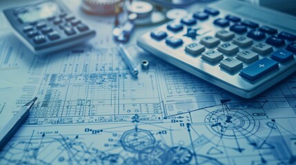 Calculator, blueprints, and technical drawings on a desk highlighting the elements essential for engineering and architectural projects. A concept image depicting work and technology.