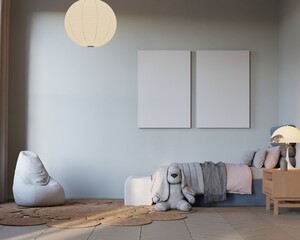 poster mockup in kids bedroom interior background. modern classic style. 3d Rendering