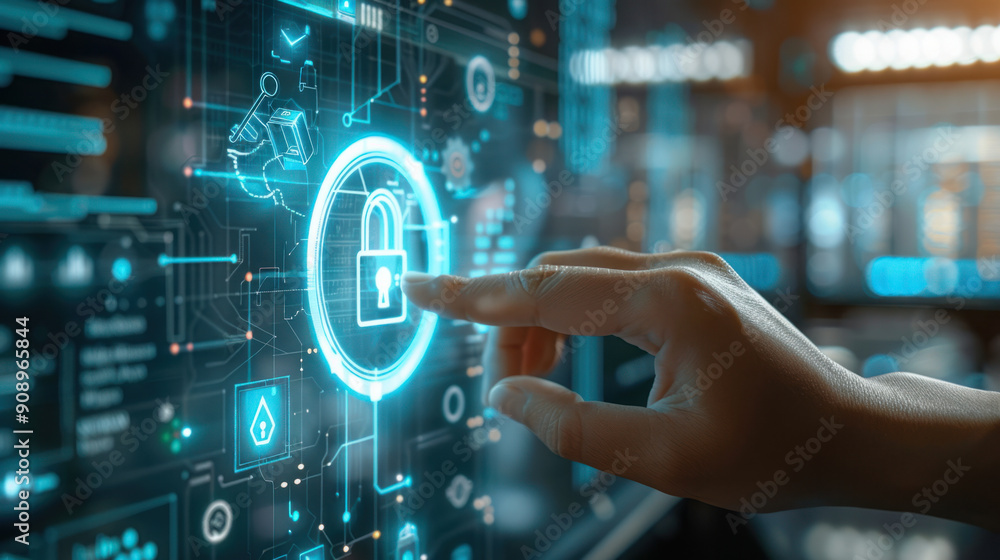 Poster cyber security, a human hand grasping a hovering tech-security holographic icon, illustrating a lock