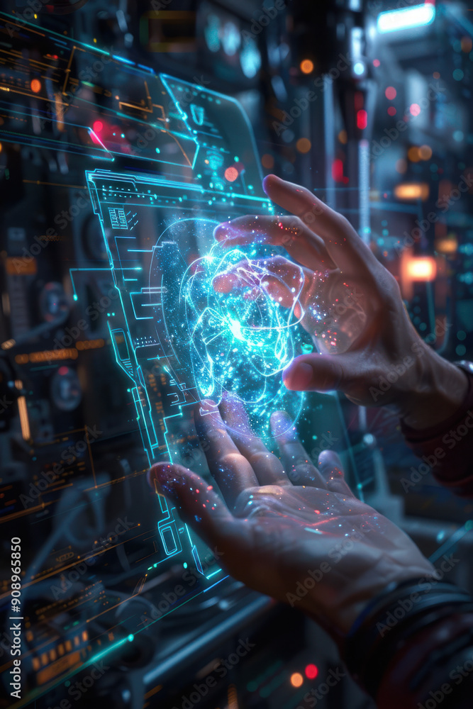 Poster cyber security, a human hand in a gestural pose, surrounded by a dynamic tech-security holographic i