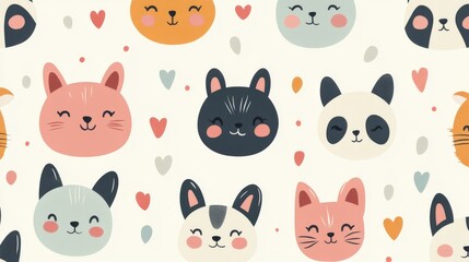 Seamless Pattern of Cute Cartoon Animal Faces with Hearts