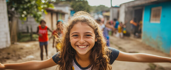 Fototapeta premium Happy Girl Smiling in a Latin American Community - A young girl with long brown hair smiles brightly in a Latin American community. Her open arms and joyful expression embody the warmth and welcoming 