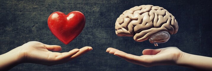 Two hands, one holding a red heart symbolizing love and emotions, the other holding a brain, representing intellect and reason. This image depicts the harmonious connection between heart and mind