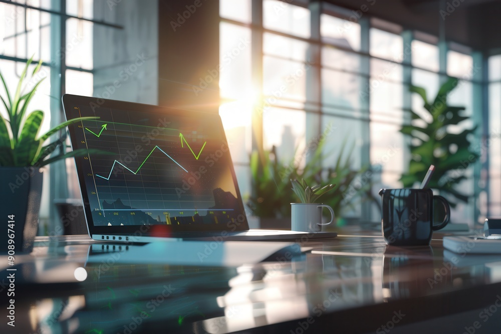 Aufkleber A sleek office showcases a laptop displaying financial graphs, surrounded by plants and a coffee mug, all illuminated by the warm glow of the setting sun. Generative AI