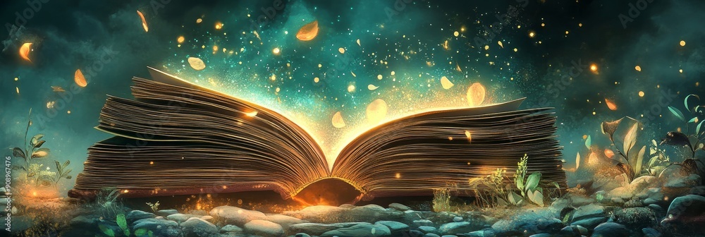 Poster an open book with glowing light emanating from its pages, surrounded by glowing particles, signifyin