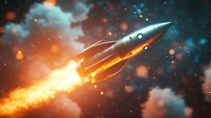 Silver Spaceship Ascending Through a Starry Sky with Orange Flames