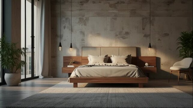 Modern minimalist bedroom interior design with wooden double bed, simple nightstands, floor lamps and empty white wall decorated with rough plaster or textured wallpaper. 3D animation rendered in 4K