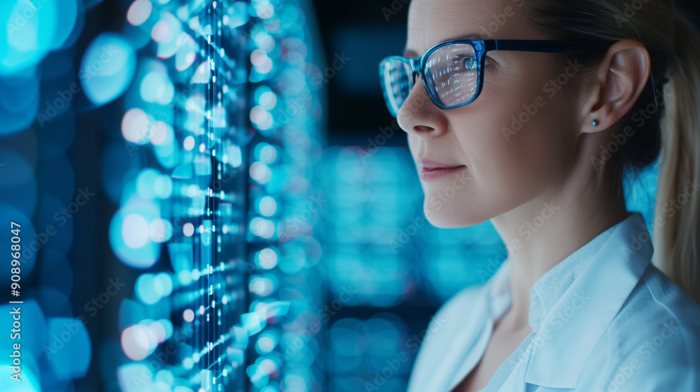 Poster a female scientist focused on analyzing genetic data on a digital interface in a modern laboratory s