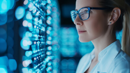 A female scientist focused on analyzing genetic data on a digital interface in a modern laboratory setting, contributing to advances in genetic research.