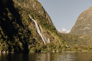 Bowen Falls waterfall located in Milford Sound, New Zealand