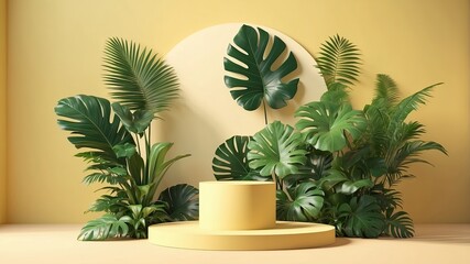 Obraz premium 3D podium showcased on a light yellow background with shadows in green tropical leaves of plants