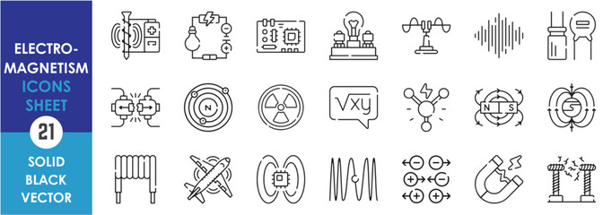 A set of line icon related to Electromagnetism. Electric, magnetic, circuit, capacitor, inductors, wires, electromagnetic, magnetic field and so on. Vector outline icons set.