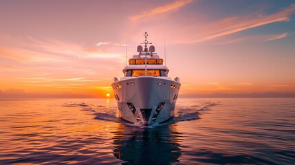 An impressive yacht navigating through the ocean captured from the front view against the backdrop of a stunning sunset, presenting a combination of luxury and tranquility.