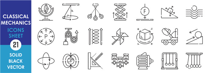 A set of line icons related to Classical Mechanics. Physics, pressure, pendulum, formula, diagram, motion, torque, magnetic, projectile, spring and so on. Vector outline icons set.