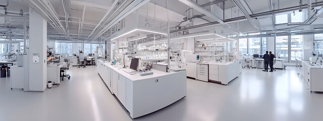 photo of a modern white laboratory interior with lab equipment and working tables
