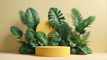 Fototapeta premium 3D podium showcased on a light yellow background with shadows in green tropical leaves of plants
