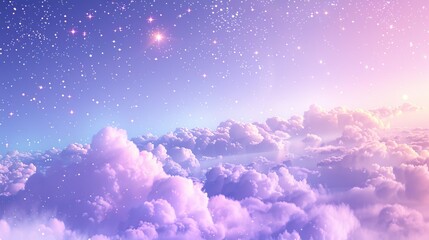 An enchanting image of purple clouds floating under a starry sky at dawn, capturing the serene and mystical beauty of the early morning sky.