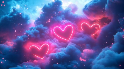 Three pink neon hearts glow brightly in a dreamy blue sky, representing love, hope, and a sense of wonder.