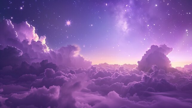 A dreamy twilight scene with a purple sky, dotted with stars, and fluffy clouds creating a surreal atmosphere. Ideal for fantasy and dream-themed designs.