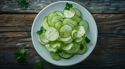 Obraz premium Cucumber slices with black pepper and parsley on a white plate, displayed on a rustic wooden table
