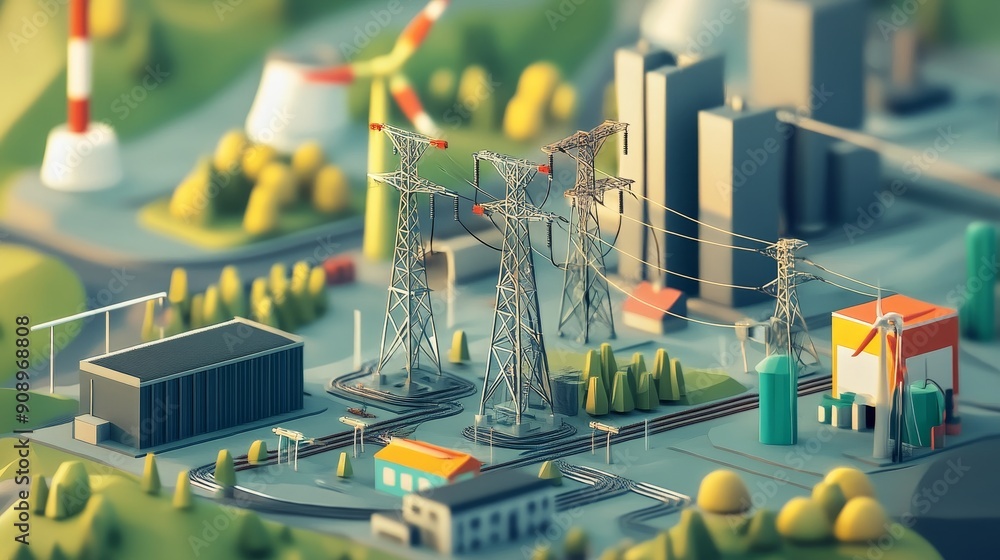 Poster the image depicts a futuristic power grid infrastructure with multiple power lines, towers, and fact