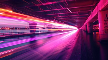 Speeding Yacht Gliding Under Neon-Lit Bridge with Dazzling Light Trails - Dynamic Nautical Adventure Concept