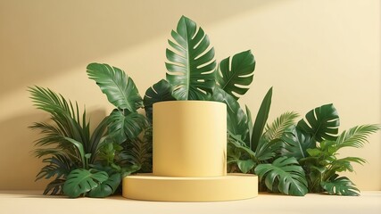 3D podium showcased on a light yellow background with shadows in green tropical leaves of plants