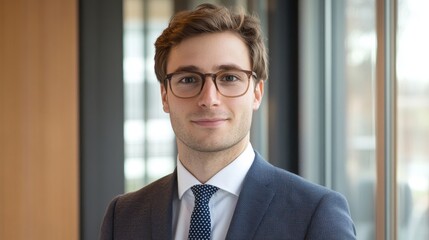 Fototapeta premium A young professional man in a dark blue suit and white shirt with a blue tie, wearing glasses, looking directly at the camera with a friendly and confident expression.