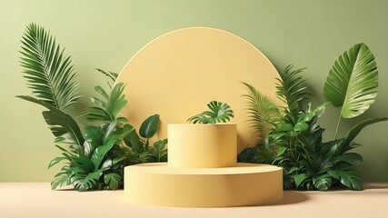 3D podium showcased on a light yellow background with shadows in green tropical leaves of plants