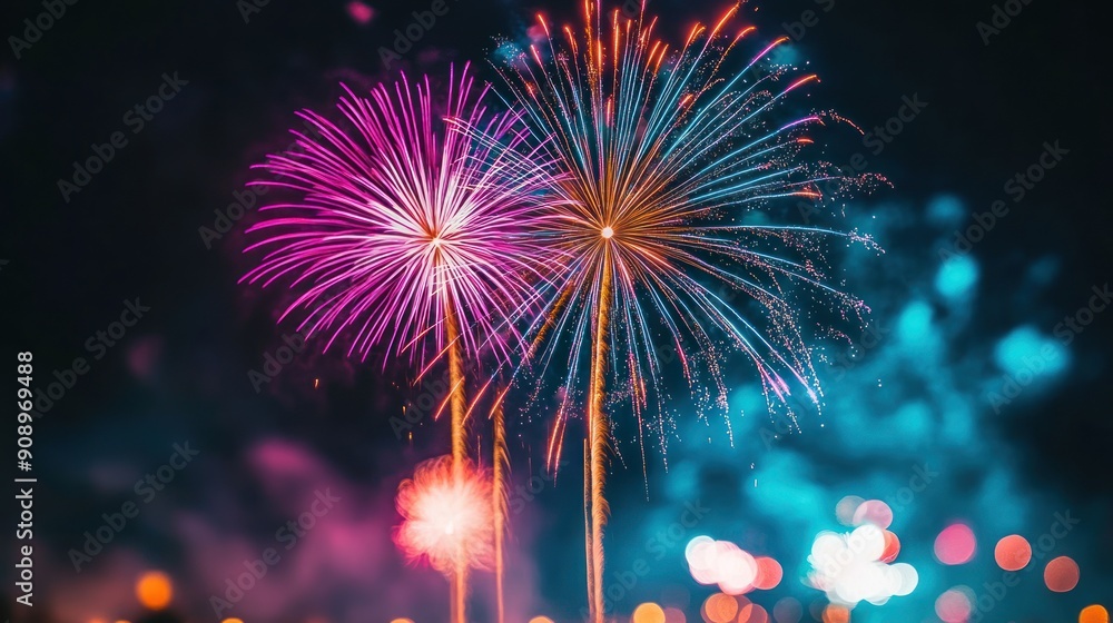 Poster two fireworks exploding in the night sky