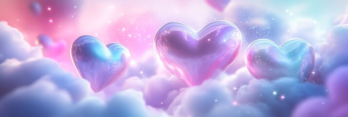 Three iridescent hearts float in a dreamy sky, symbolizing love, hope, joy, and a magical atmosphere.
