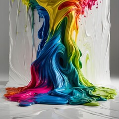 Close-up shot of thick paint of various bright colors flowing down and mixing together