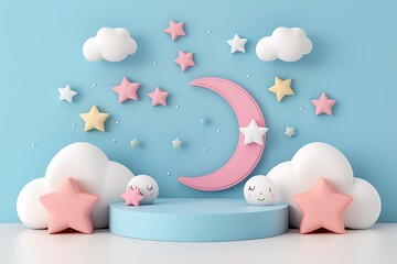 Charming 3D Render Captures a Playful Night Sky with Stars, Clouds, and Smiling Moon