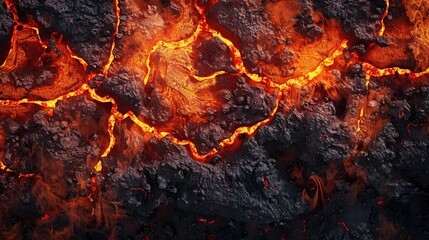 Obraz premium An image of a cracked volcanic surface with bright glowing lava visible underneath, highlighting the intense heat and raw geological activity of a volcanic landscape.