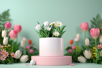 Elegant 3D Floral Podium with Daisies and Tulips Delight in Bloom