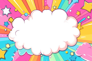 Cute cartoon comic book background with white space in the center, vector illustration, colorful splash of color, in the style of cartoon, cartoon clouds and stars, pink yellow blue, cartoon design, c