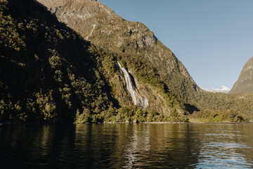 Bowen Falls waterfall located in Milford Sound, New Zealand